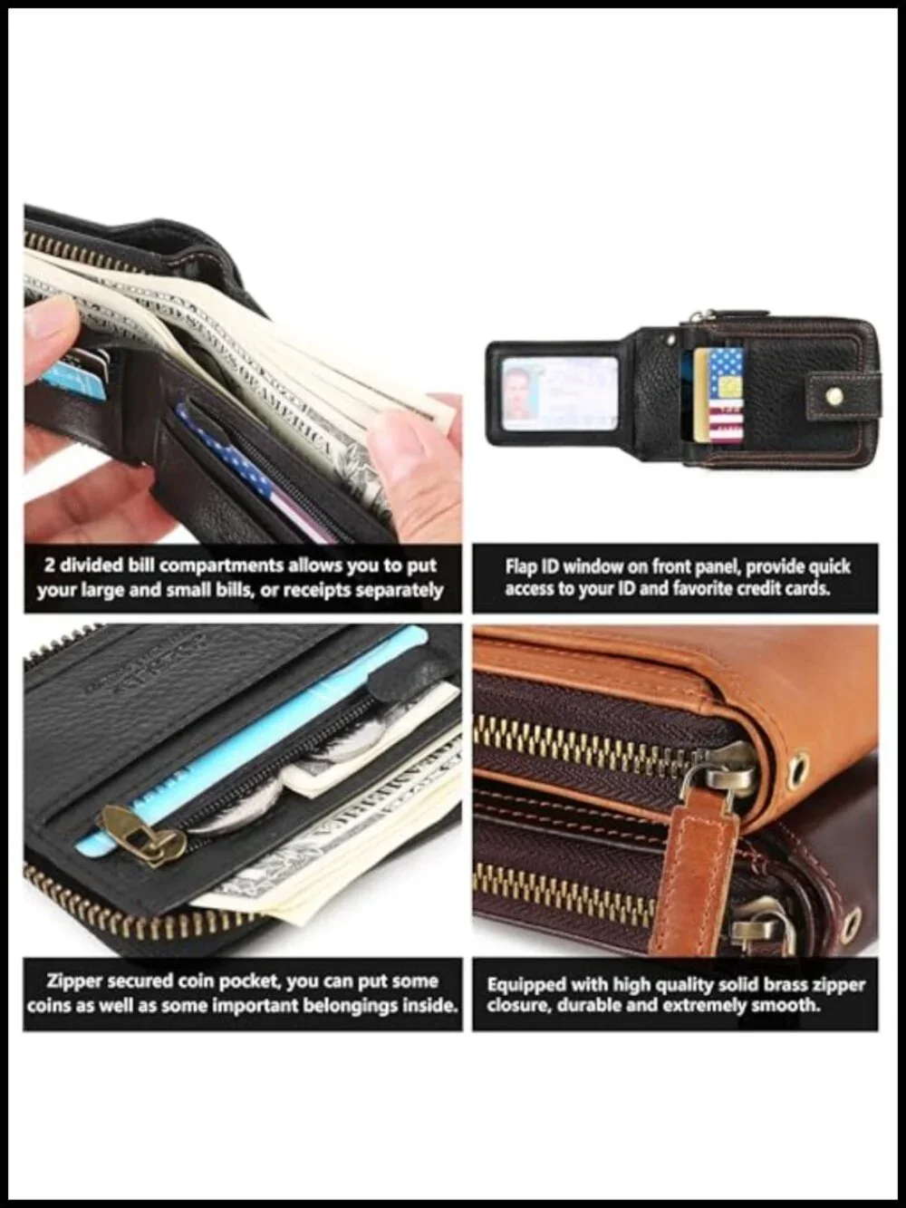Men's RFID Blocking Leather Chain Wallet with Zipper Coin Pocket Bifold